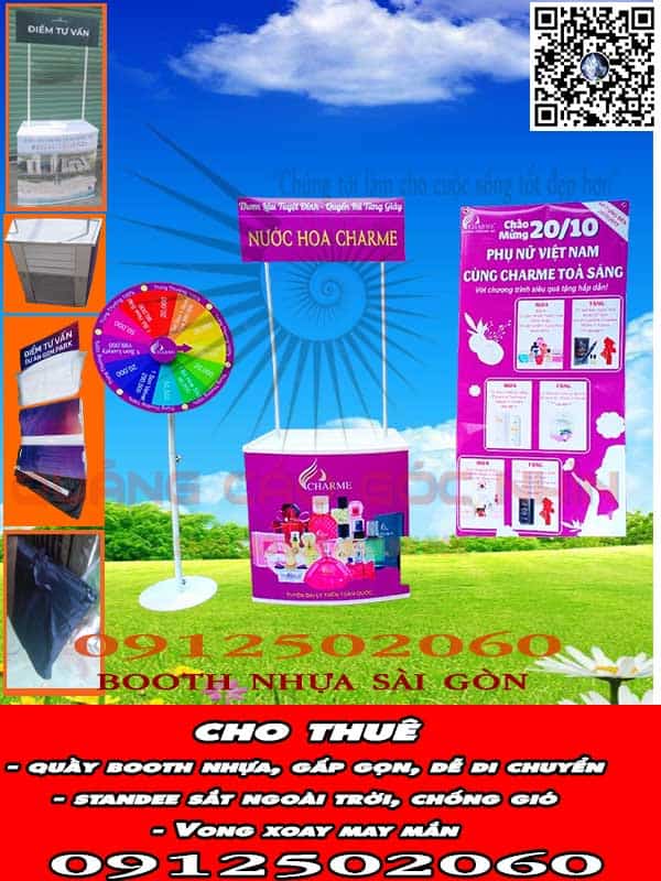 booth nhựa vòng xoay standee sắt ngoài trời cho thuê