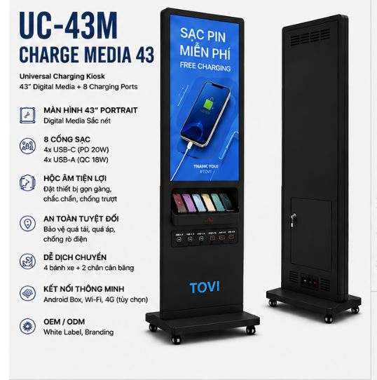 TOVI-UC43-M-08- kệ quảng cáo tivi màn hình sạc điện thoại miễn phí 6 cổng