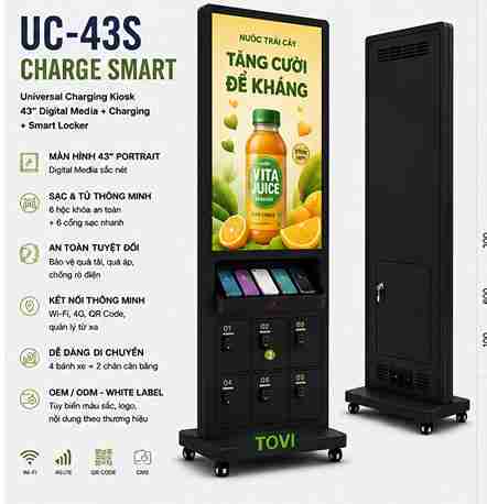 TOVI-UC43-S-06- kệ quảng cáo tivi màn hình sạc điện thoại miễn phí 6 cổng